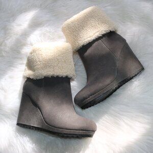 JustFab Cameron Sherpa Bootie – Magnet Grey with White Fur 🤍